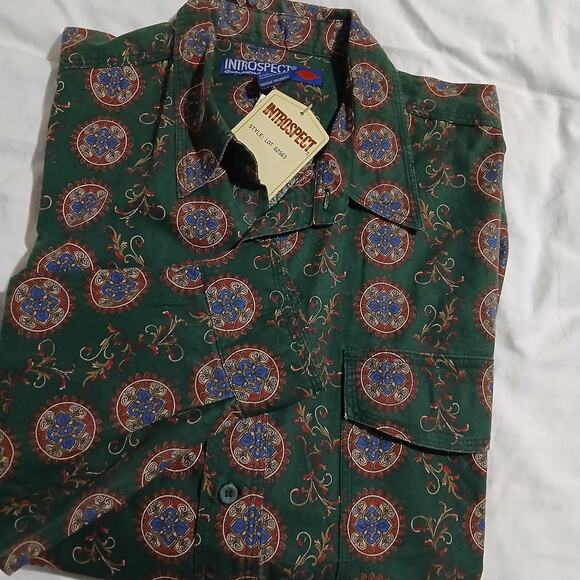 VTG NWT INTROSPECT Men's Large Long-Sleeved Bold Pattern Button-Up Green Shirt - Picture 4 of 13